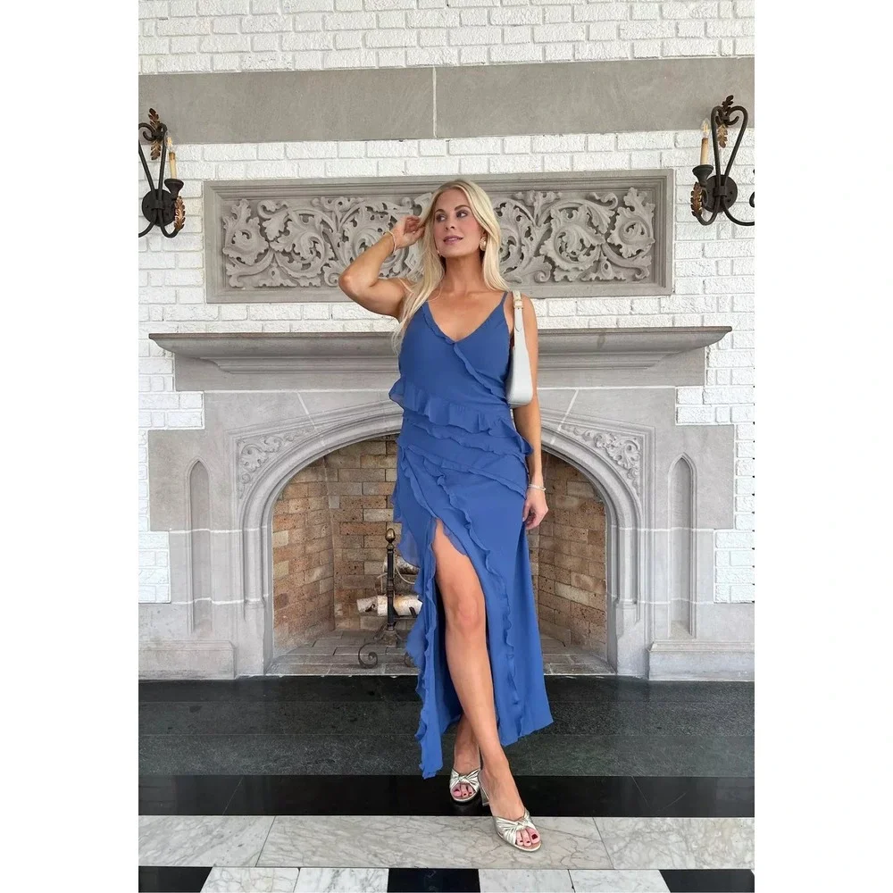 NWT Abercrombie & Fitch Blue Ruffle Maxi Dress